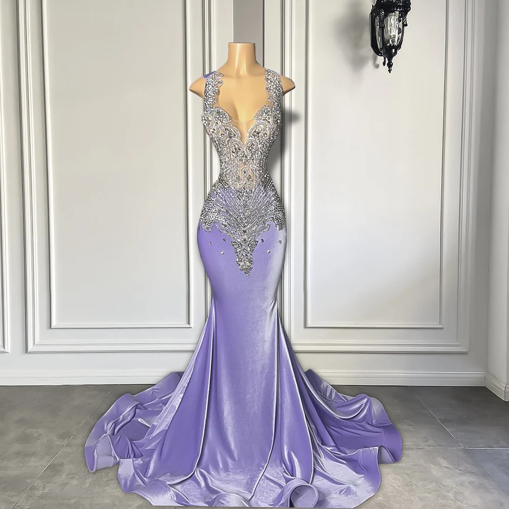 Long Sparkly Prom Dresses Gorgeous Sexy Mermaid Style Silver Diamond Black Girls Lavender Velvet Prom Gala Formal Gowns
