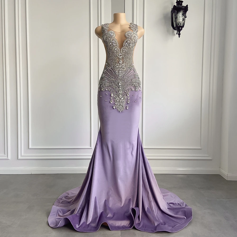 Long Sparkly Prom Dresses Gorgeous Sexy Mermaid Style Silver Diamond Black Girls Lavender Velvet Prom Gala Formal Gowns