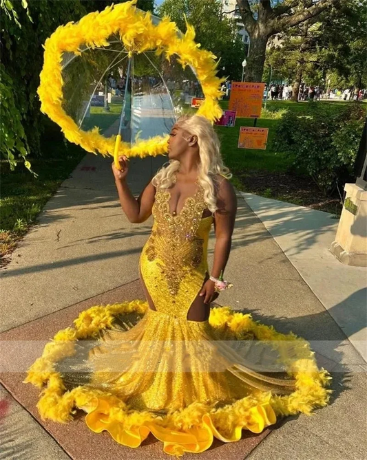 Sparkly Yellow Diamonds Mermaid Prom Dress Glitter Bead Crystals Rhinestones Feathers Luxury Birthday Party Gown Robe