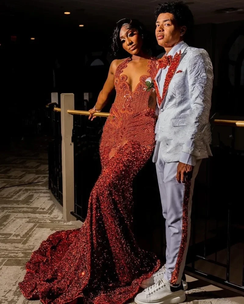 Orange Prom Dresses Women Sheer Neck Crystal Sequin Mermaid Party Gowns Long Birthday Outfits vestidos de gala