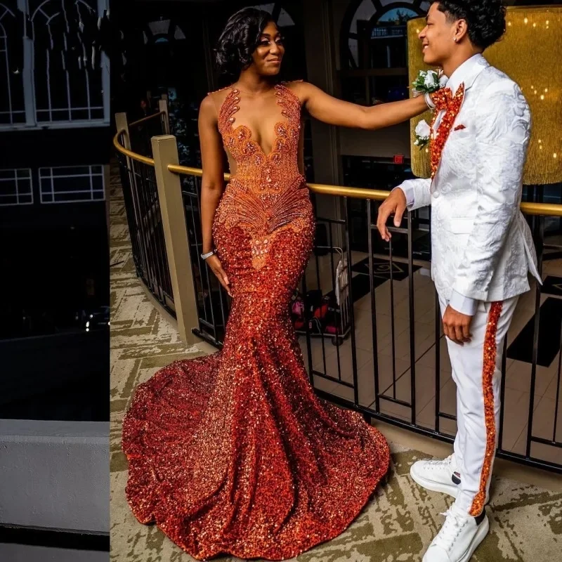 Orange Prom Dresses Women Sheer Neck Crystal Sequin Mermaid Party Gowns Long Birthday Outfits vestidos de gala