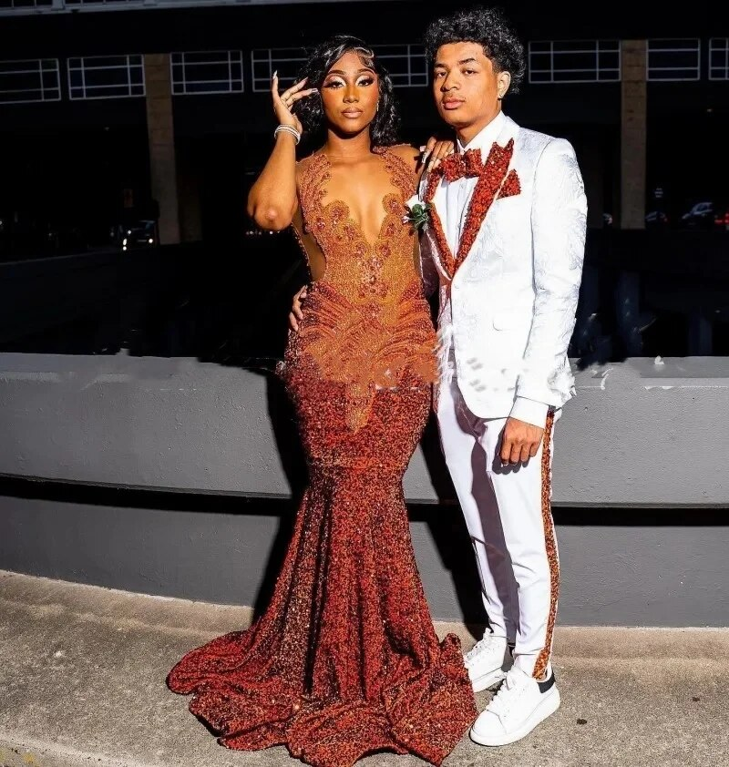 Orange Prom Dresses Women Sheer Neck Crystal Sequin Mermaid Party Gowns Long Birthday Outfits vestidos de gala