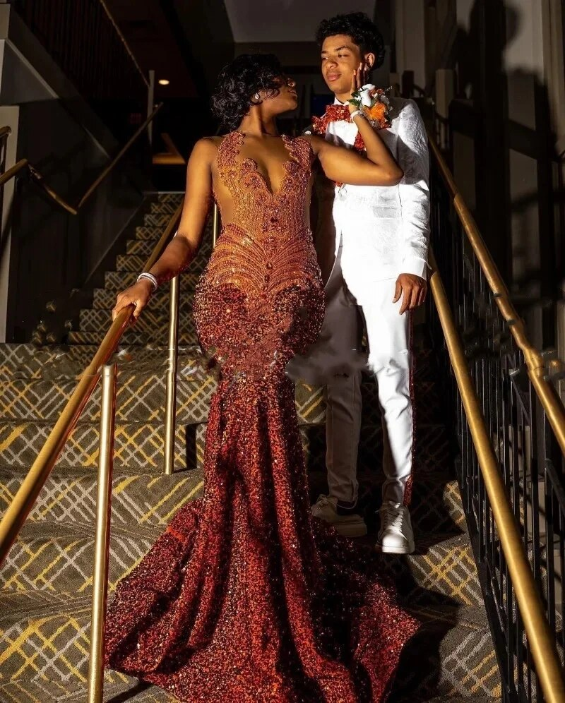 Orange Prom Dresses Women Sheer Neck Crystal Sequin Mermaid Party Gowns Long Birthday Outfits vestidos de gala