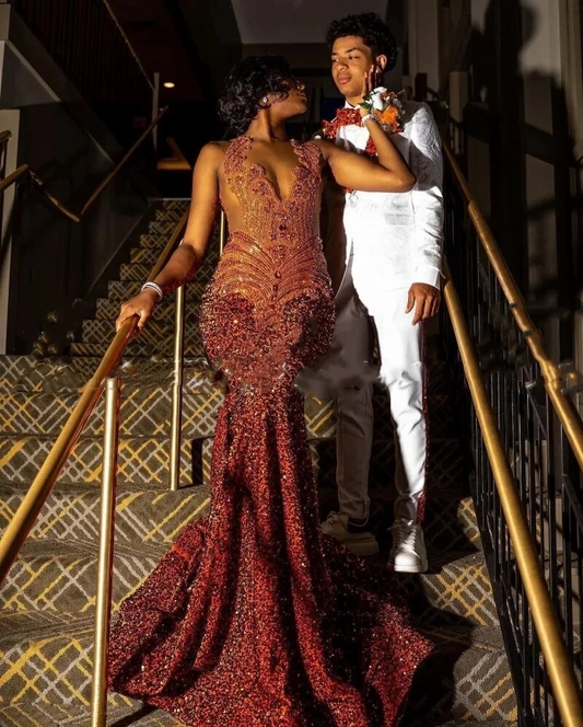 Orange Prom Dresses Women Sheer Neck Crystal Sequin Mermaid Party Gowns Long Birthday Outfits vestidos de gala
