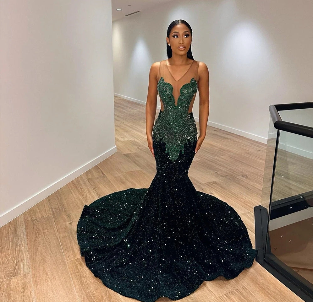 Dark Green Crystal Beading Sequin Prom Dresses Luxury Gowns Mermaid Dr