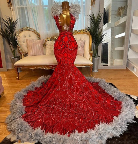 Luxury Red Sequined Lace Grey Feather Prom Dresses For Birthday Party Mermaid Black Girls Evening Dresses Wedding vestidos