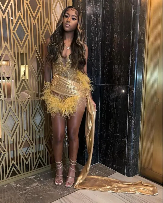 Luxury Glitter Gold Homecoming Party Dress Train Black Girl Birthday Party Celebrity Dress Vestidos Para Mujer