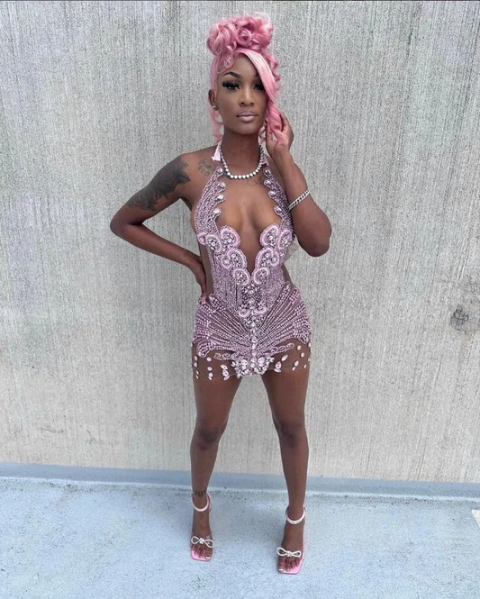 Pink Sparkly Short Prom Homecoming Dress Luxury Diamond Crystal Sheer Mesh Black Girl Evening Gown vestidos de gala mujer