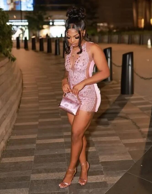 Pink Sparkly Short Prom Homecoming Dresses for Black Girl Luxury Diamond Crystal Birthday Gala Gown robe de bal rose