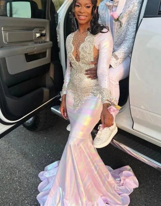 Colorful Mermaid Sliver Crystal Beading Prom Dresses Long Sleeve Luxury Designer Party Black Girls African Bespoke Gown