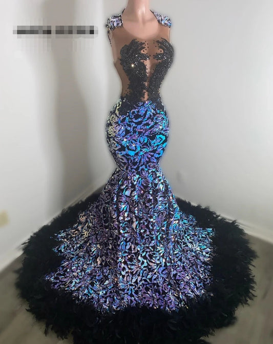 Special Black Rhinestone Feather Sequined Lace Prom Dress Blackgirl Mermaid Party Dress Women Elegant Luxury Seethru Formal
