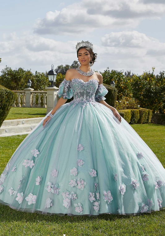 Mint Quinceanera Dress Ball Gown Flowers Puff Sleeve Corset Beading Appliques Princess Vestidos De 15 Años