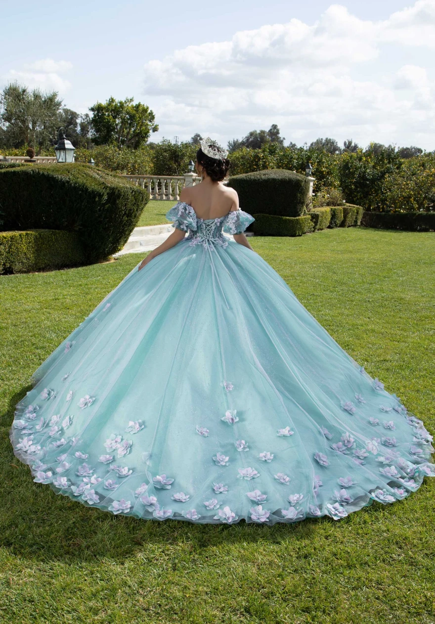 Mint Quinceanera Dress Ball Gown Flowers Puff Sleeve Corset Beading Appliques Princess Vestidos De 15 Años
