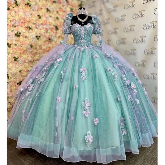 Mint Blue Quinceanera Dresses Half Sleeve Ball Gown Appliques Beading Sweet 16 15 Dress Vestidos De Fiesta