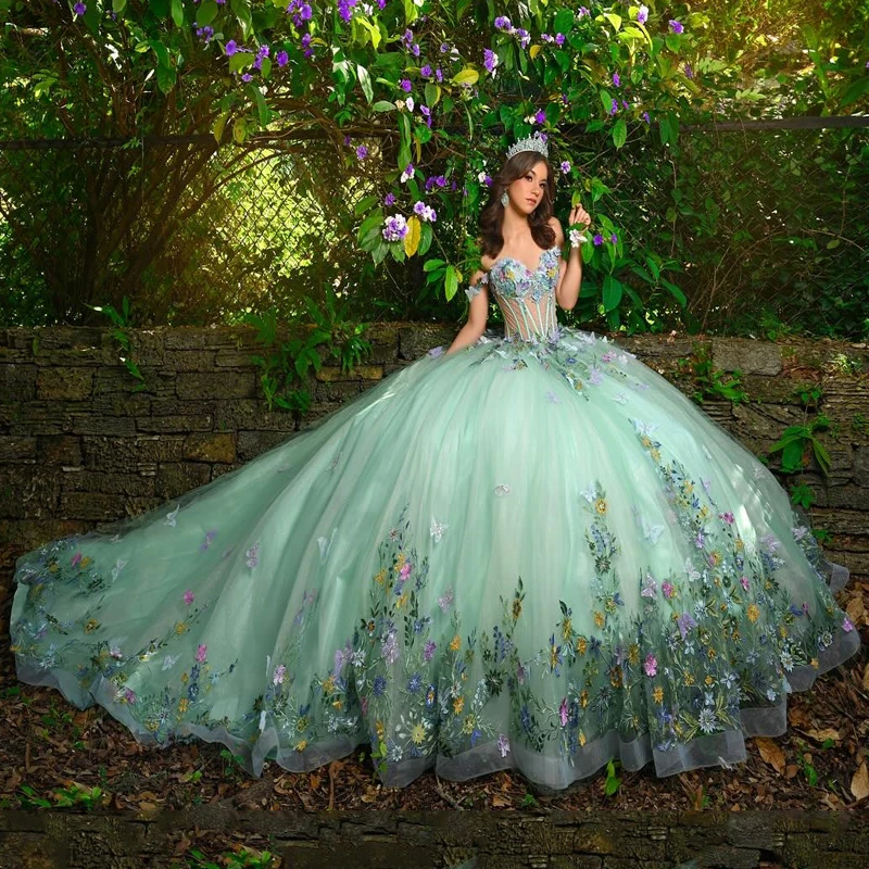 Light Green Quinceanera Dress Ball Gown 3D Butterfly Applique Beading Tull Corset