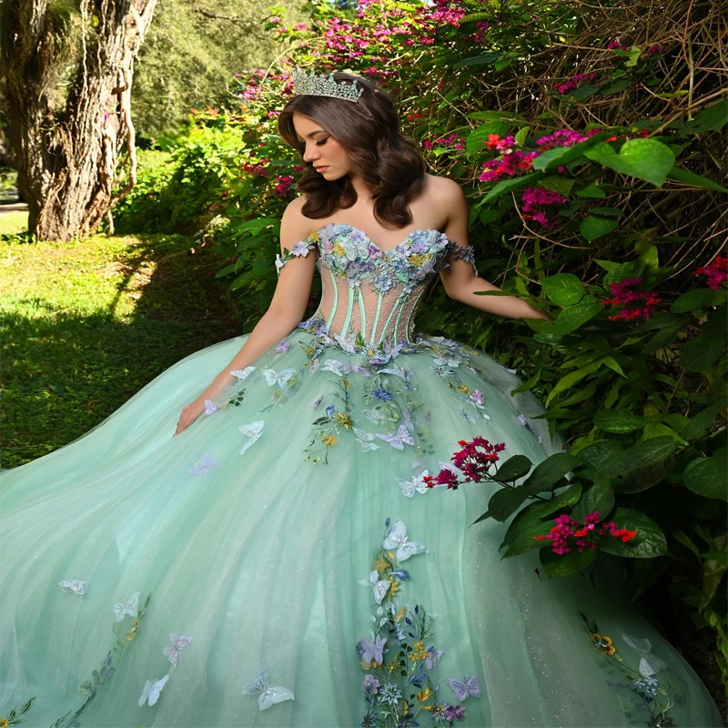 Light Green Quinceanera Dress Ball Gown 3D Butterfly Applique Beading Tull Corset