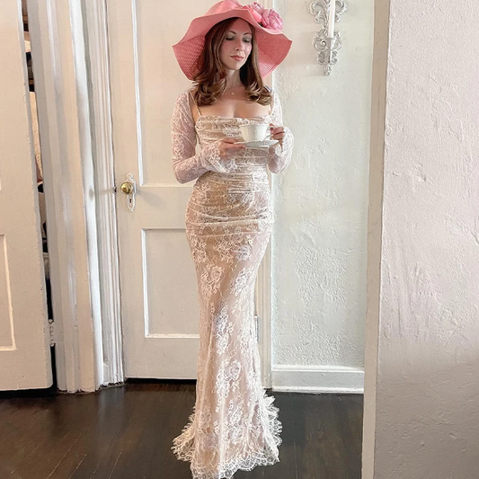 Elegant Wedding Lace Zipper Slit Spaghetti Dress Long Sleeve Cap Two Piece Set Party Ladies Y2K