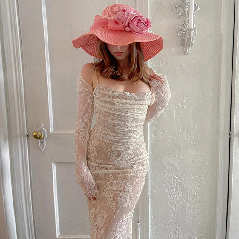 Elegant Wedding Lace Zipper Slit Spaghetti Dress Long Sleeve Cap Two Piece Set Party Ladies Y2K