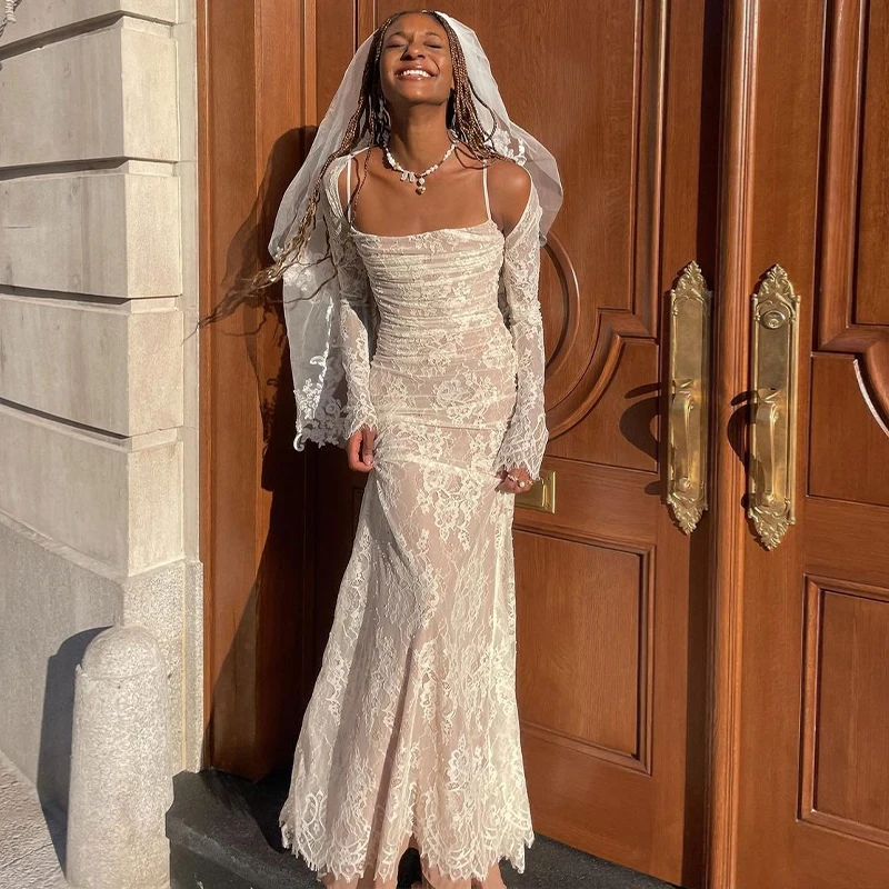 Elegant Wedding Lace Zipper Slit Spaghetti Dress Long Sleeve Cap Two Piece Set Party Ladies Y2K
