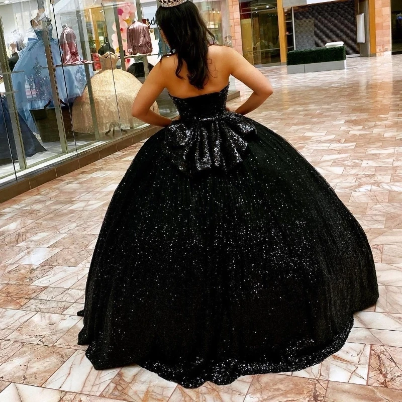 Black Shiny Quinceanera Dresses Birthday Off Shoulder Formal Ball Gown Beading Crystal Sequined Party Dresses Vestido De 15