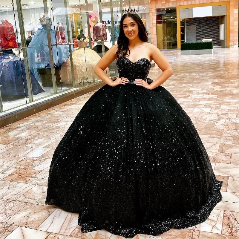 Black Shiny Quinceanera Dresses Birthday Off Shoulder Formal Ball Gown Beading Crystal Sequined Party Dresses Vestido De 15