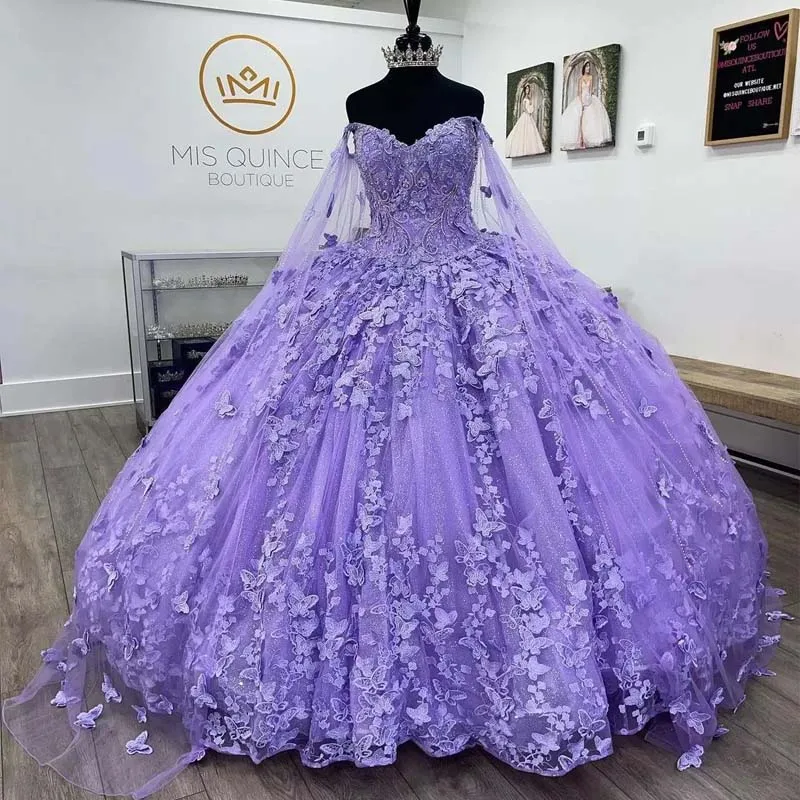 Lilac lavender Butterfly Quinceanera Dresses With Cape Lace Applique Sweet 16 Dress Mexican Prom Gowns Vestidos De XV Anos