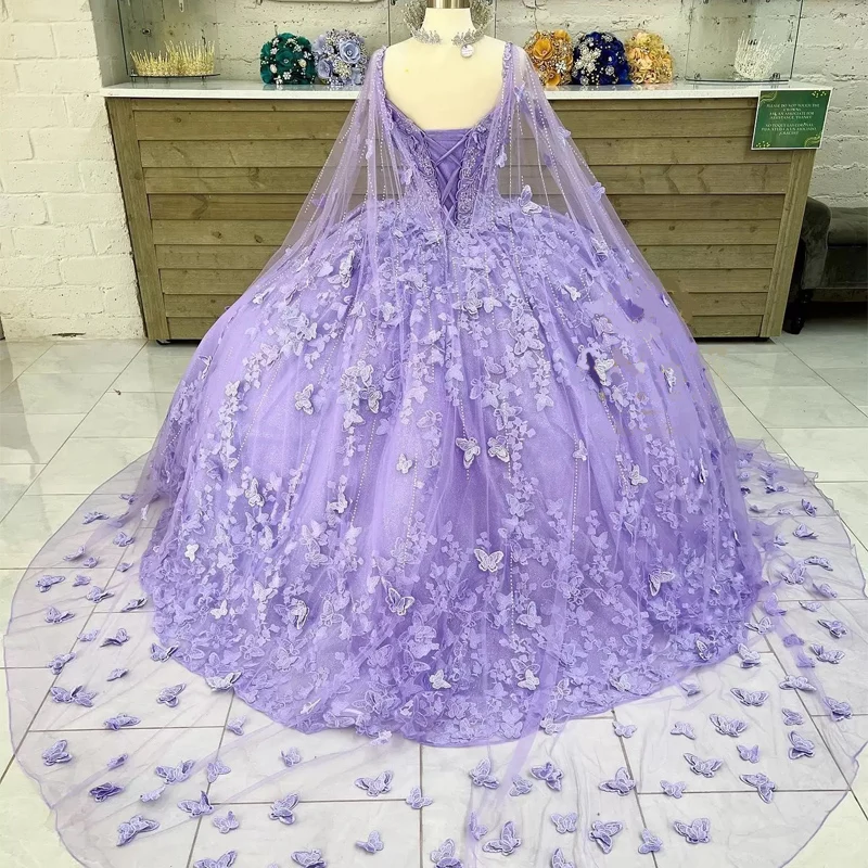 Lilac lavender Butterfly Quinceanera Dresses With Cape Lace Applique Sweet 16 Dress Mexican Prom Gowns Vestidos De XV Anos