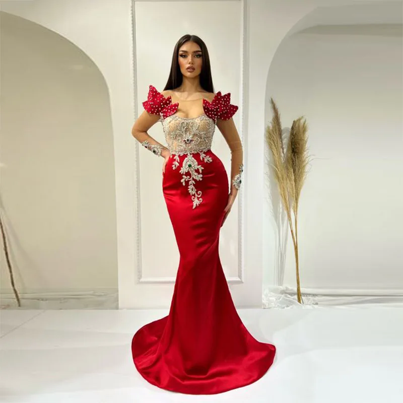 green emerald velvet dress Saudi Arabia Red Mermaid Evening Gowns Sexy See Through Lace Appliques –  mermelo