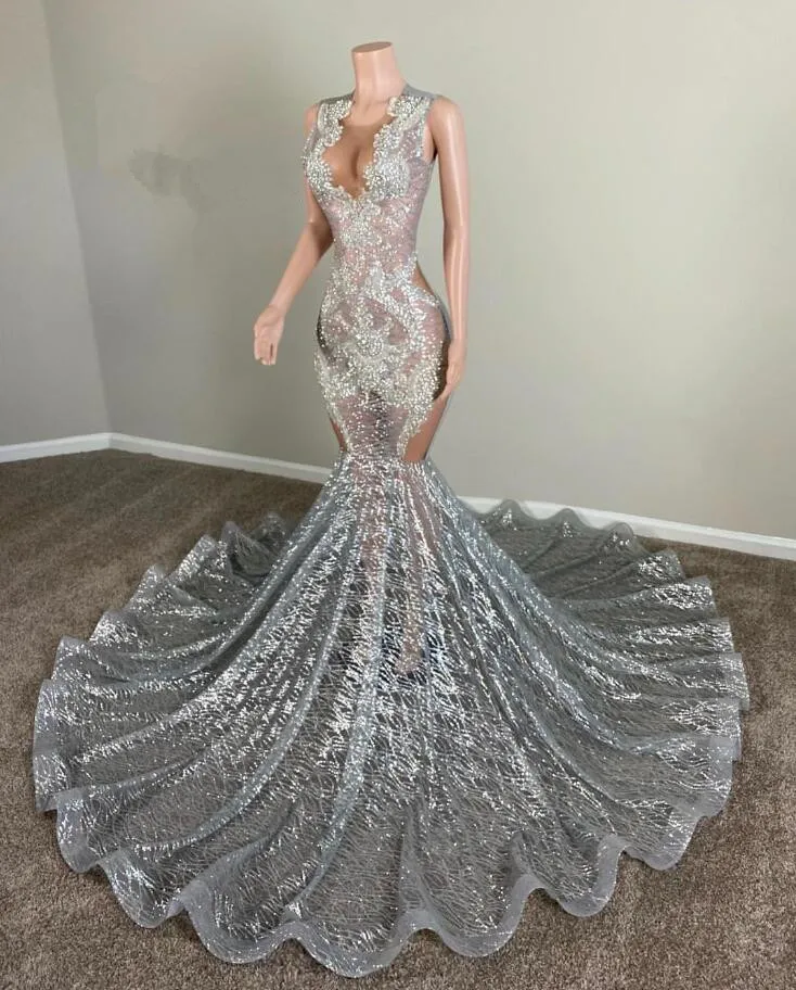 Silver Gilter Mermaid Long Evening Party Dress for Women Sparkly Cryst