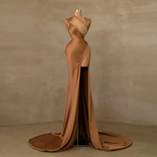 Modest khaki Pearls Satin Evening Dresses Long Sweep Train Deep Slit Formal Dress vestidos de fiesta elegantes para mujer
