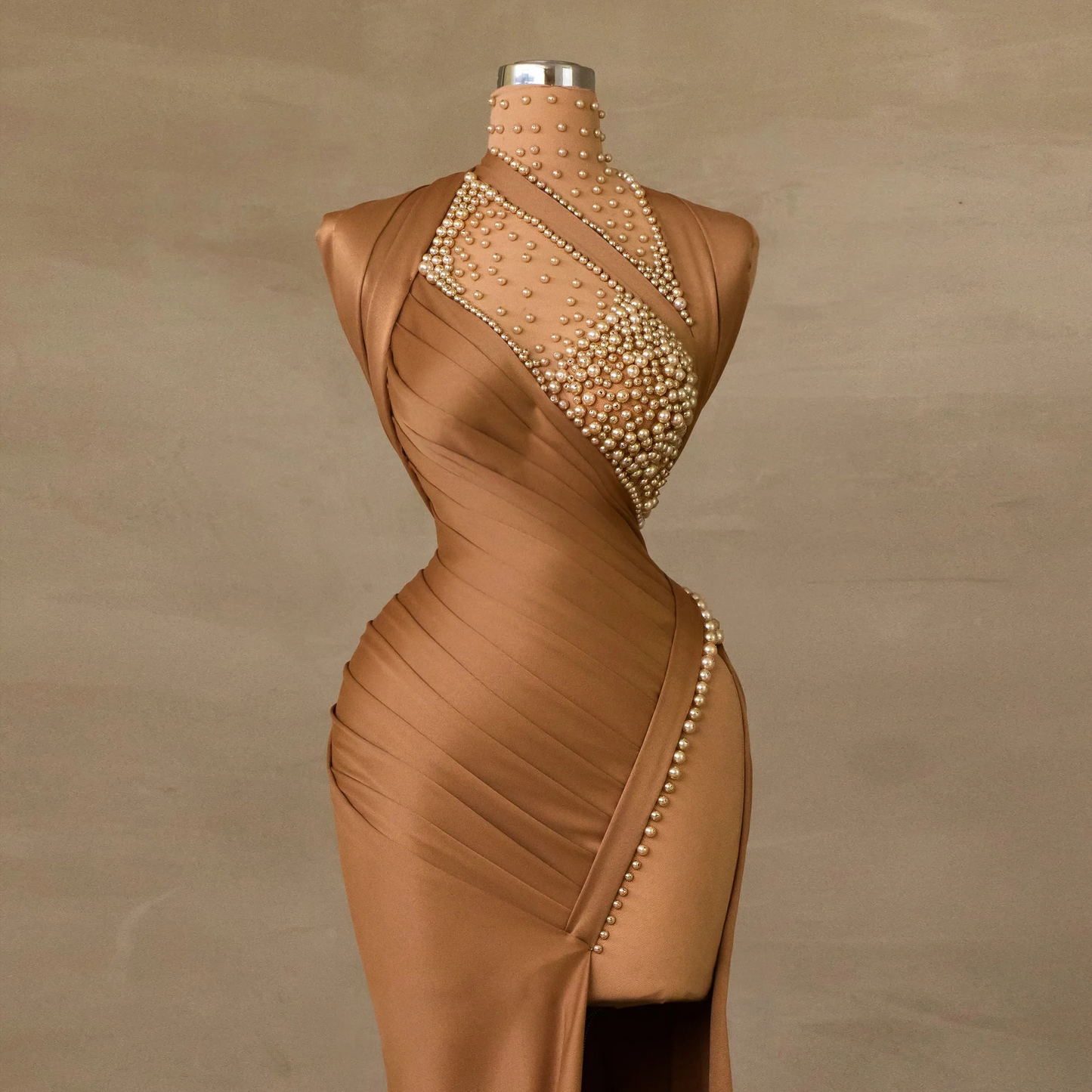 Modest khaki Pearls Satin Evening Dresses Long Sweep Train Deep Slit Formal Dress vestidos de fiesta elegantes para mujer