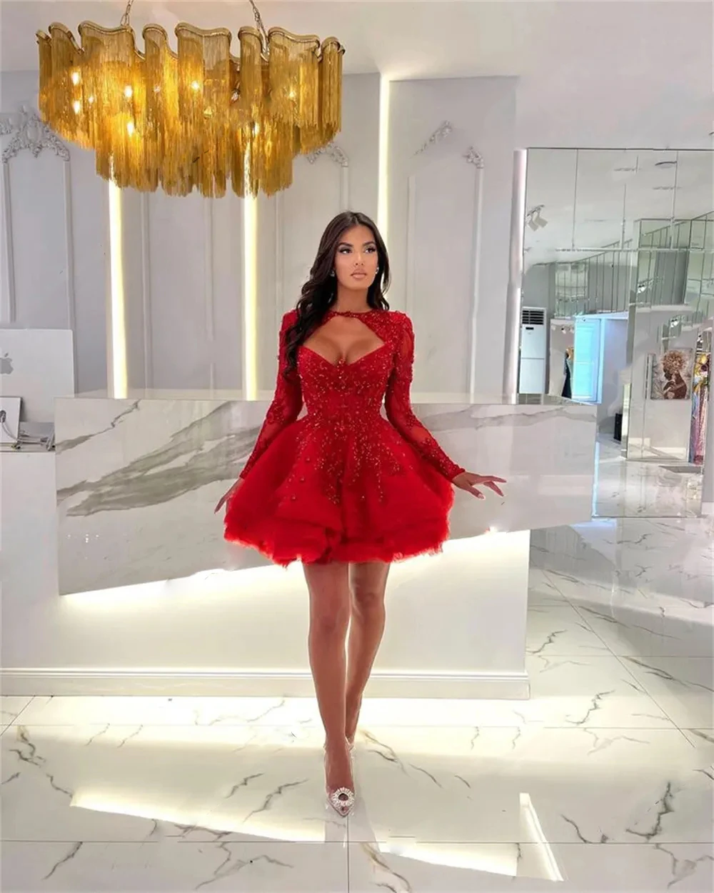 Luxurious Red Crystal Long Sleeve Prom Dresses Saudi Arabia Short Birthday Dress Sweetheart Mini Cocktail Gowns robe de bal