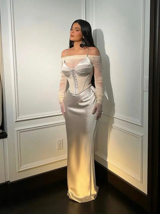 Champagne Grey Satin Evening Dress Mermaid Off The Shoulder Floor Length Prom Gowns Saudi Arabia For Women Party Dress