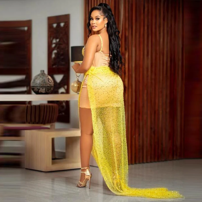 Aso Ebi Yellow Mermaid Prom Dresses With Crystals Sequined Lace Evening Formal Party Gowns Black Girls High Slit Birthday Dress