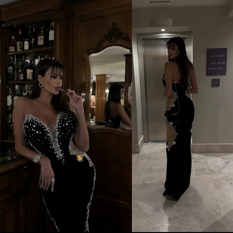 Women's 2024 Black Strapless Diamond Mesh Sexy Celebrity Cocktail Party Bandage Long Dress