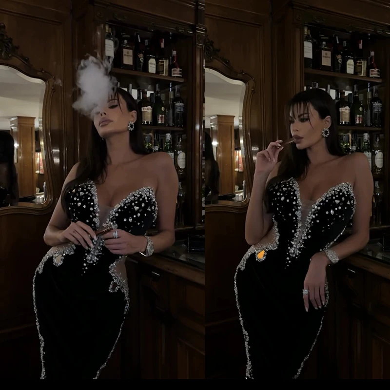 Women's 2024 Black Strapless Diamond Mesh Sexy Celebrity Cocktail Party Bandage Long Dress