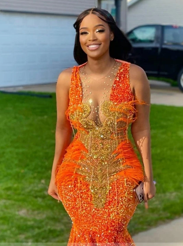 Golden Diamonds Orange Prom Dress Sparkly Beads Crystal Rhinestones Feathers Sequins Birthay Party Gown Robe De Bal