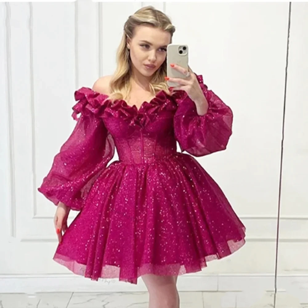 Hot Pink Short Mini Homecoming Dresses With Puff Long Sleeves Exposed