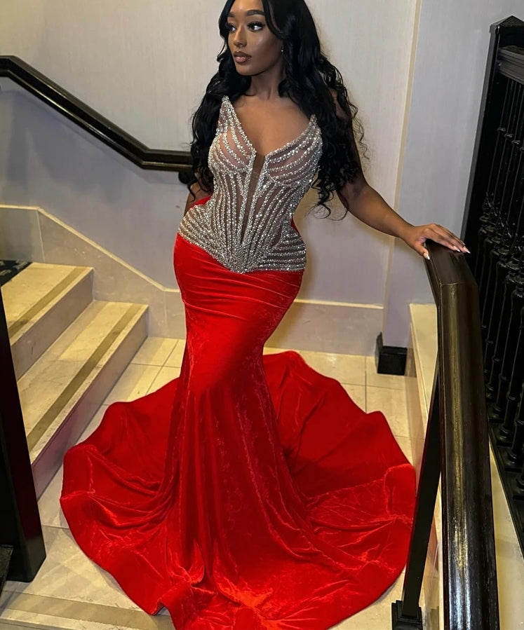 Red Velvet V Neck Long Prom Dress For Black Girls Beaded Birthday Party Dresses Mermaid Evening Gowns Robe De Bal