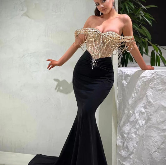 Sexy Mermaid Black Prom Dresses For Women Sweetheart Off Shoulder Dresses Crystals Evening Gown Vestidos De Cóctel