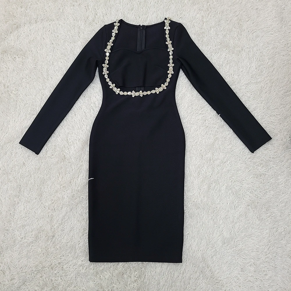 Summer Black Hollow Sexy Long sleeved Diamond Bandage Knee Length Dress Bodycon Celebrity Party Evening Dress