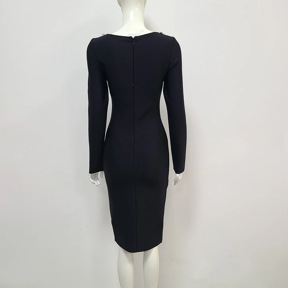 Summer Black Hollow Sexy Long sleeved Diamond Bandage Knee Length Dress Bodycon Celebrity Party Evening Dress