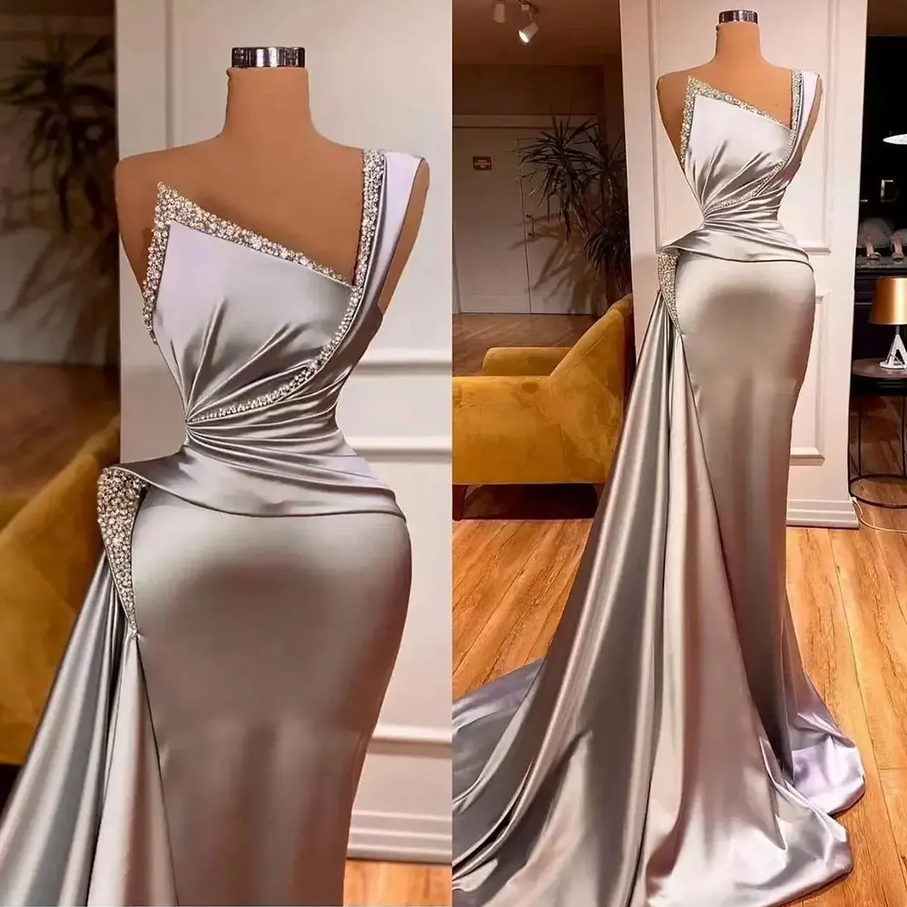 Silver Evening Dresses with Crystal Satin One Shoulder Mermaid Prom Dr ...