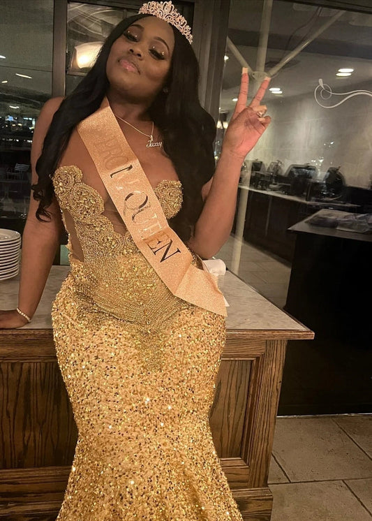 Gold Sequins Mermaid Prom Dress For Black Girls Crystal Rhinestone Beaded Party Gala Gown