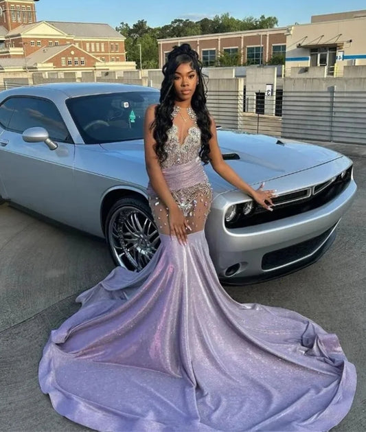 Sparkly Lilac Long Prom Dress 2024 Beads Crystals Rhinestones Court Train Glitter Birthday Party Gown Wedding Reception Robe
