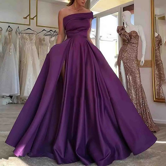 Women One Shoulder Floor Length Side Slit Solid Color Sleeveless Elegant Party Dresses Prom Evening Dress