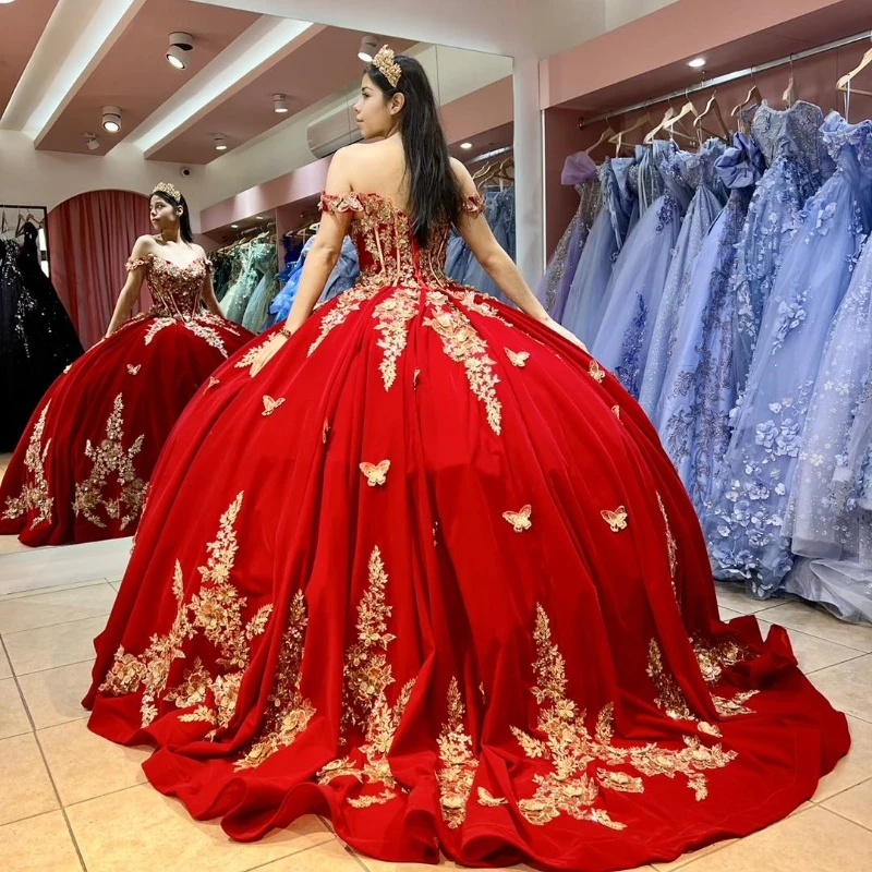 Red Ball Gown Quinceanera Dresses Sweet 16 Dress Tulle Gold 3D Flowers