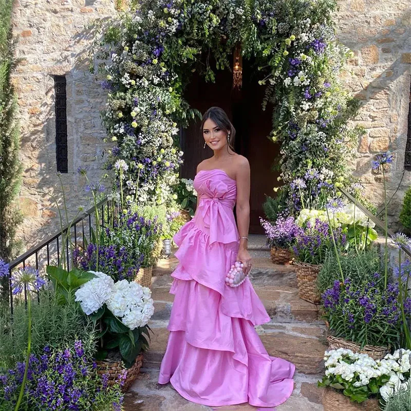 Classy Long Pink Prom Dresses With Bow A-Line Custom Made Strapless Ru ...