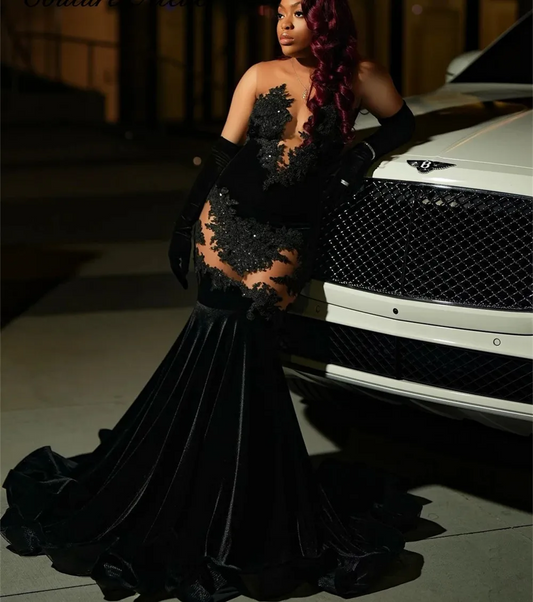 Sexy Black Prom Dresses Lace Appliques Velvet With Gloves Mermaid Party Evening Gowns