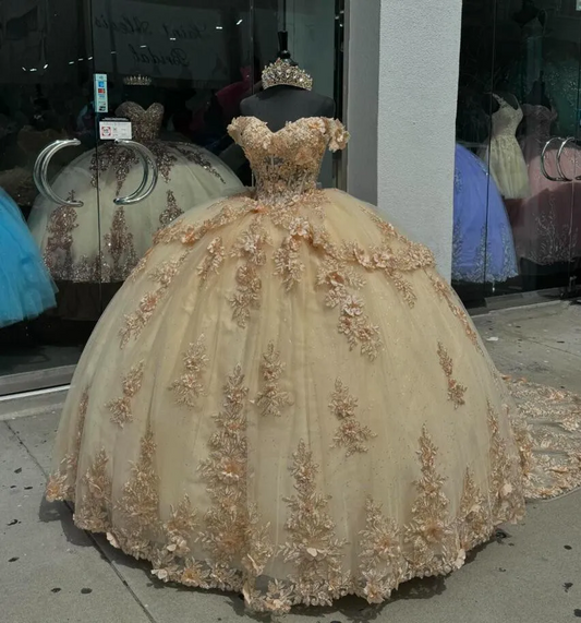 Champagne Luxury Princess Quinceanera Dresses Off Shoulder 3D Floral Applique Corset Lace-up sweet 16